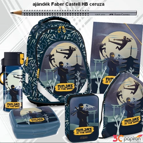 Iskolatáska szett Ars Una 25 Ninjas in the dark táska, tolltartó tornazsák, kulacs, uzsidob. gumis mappa