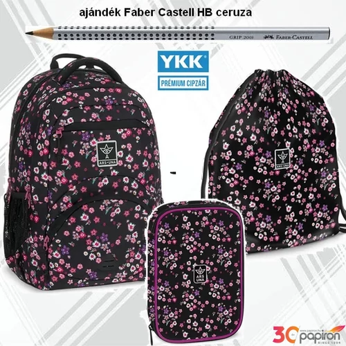 Iskolatáska szett Ars Una 24 iskolatáska, tolltartó, tornazsák Pearl Blossom Black