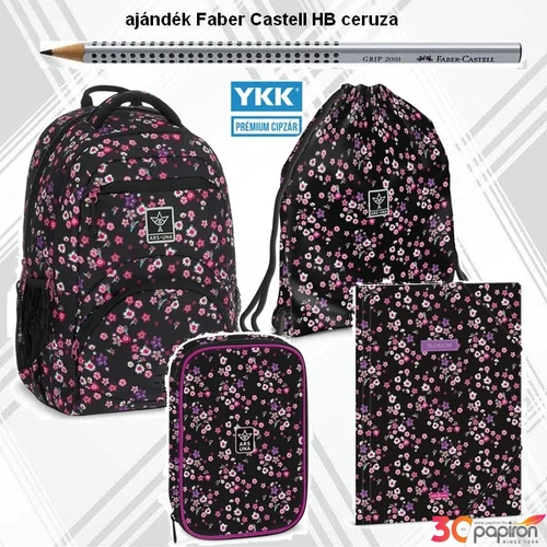 Iskolatáska szett Ars Una 24 iskolatáska, tolltartó, tornazsák, gumis Pearl Blossom Black