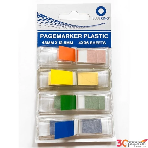 Jelölőcimke 12,5x43mm Bluering vegyes színű jelölő csík, 4x36lap műanyag adagolóban