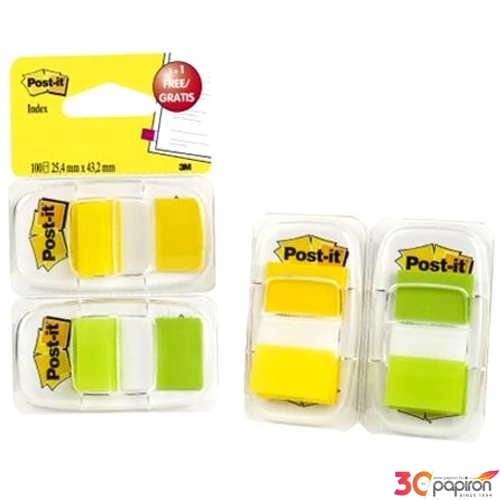 Jelölőcímke 3M POSTIT 25x43mm műanyag 2x50lap, sárga és zöld Irodai kiegészítők