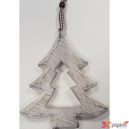 Karácsonyfa 15cm dísz fenyőfa Fehéres-szürkés-barnás színű, 15cm Karácsonyi akasztós fenyő-ajtó dekoráció