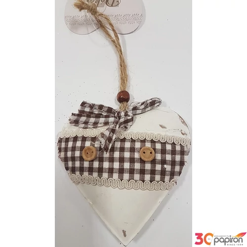 Karácsonyfa dísz fém szív Antikolt barna - krémfehér színű 10x11cm Karácsonyi akasztós fenyőfa dekoráció