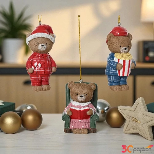 Karácsonyfa dísz maci 3 féle 4x4,5x10cm  SDKAE25 kézzel festett 1db/ár