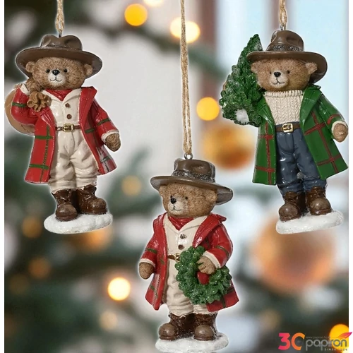 Karácsonyfa dísz maci 3 féle 5x7x11,5cm  SDKAE25 kézzel festett 1db/ár