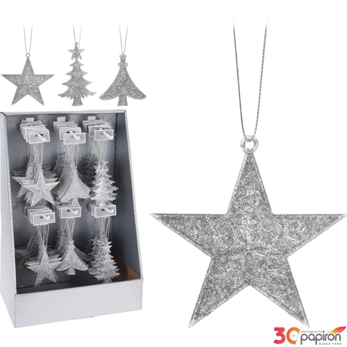 Karácsonyi fenyődísz 8cm 3féle csillag, fenyőfa, harang silver glittere fenyődísz