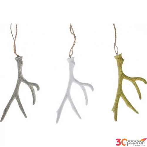 Karácsonyi dísz akasztós poly 16,5x8,5x4cm arany/pezsgő/fehér 3 féle Akasztós agancs poly dekor trend 2019/20