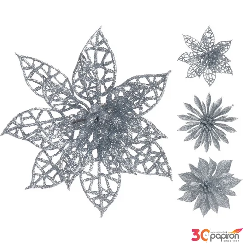 Karácsonyi 8cm glitteres pick 23 ezüst és fehér szín, 3féle típus csíptetős dísz fenyődísz