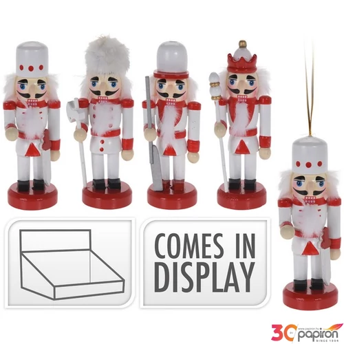 Karácsonyi 9cm dekor figura akasztós diótörő, 4féle, piros-fehér szí Karácsonyi ólomkatona kézzel festett