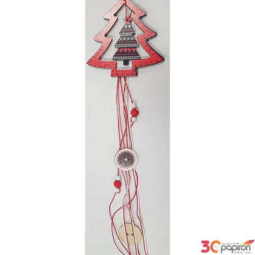 Karácsonyi ajtódekor 50cm fekete-piros, mintás fenyő, szalagos 8cm karácsonyi dekoráció..