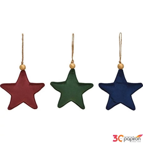 Karácsonyi akasztós csillag 20 textil plüss csillag gold fa golyóval 17x17x4cm bordó kék zöld exkluzív termék