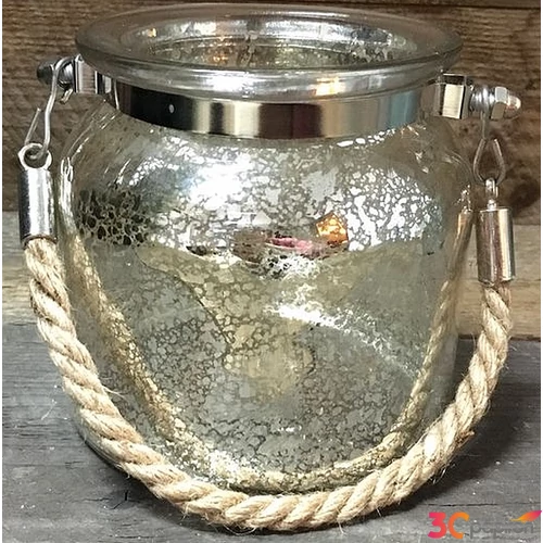 Mécsestartó tükör hatással repedeztetett felülettel -11x13cm natúr kötél fogóval vastag falú üvegből