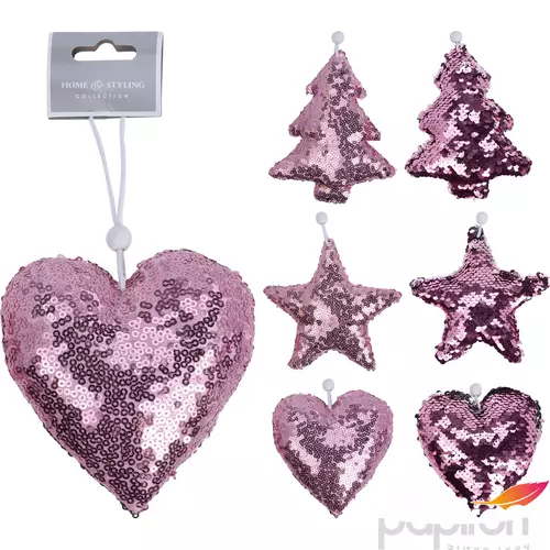 Karácsonyi 13cm szív flitteres simogatós fenyő-csillag-szív, ezüst pink fenyődísz dekor