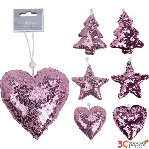 Karácsonyi 13cm szív flitteres simogatós fenyő-csillag-szív, ezüst pink fenyődísz dekor