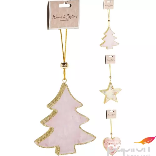 Karácsonyi dekor akasztós 21' fenyőfa fából, 10cm 3 féle rózsaszín lakkozott