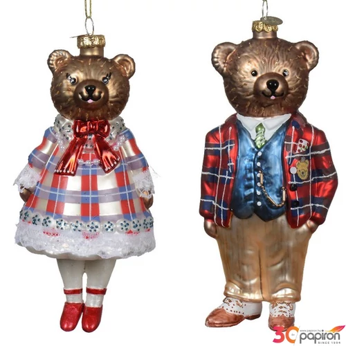 Karácsonyi dekor akasztós 24' maci, 2 féle, üveg kézzel festett 7.3cmx6.8cmx16cm sdkae