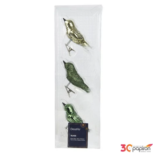 Karácsonyi dekor akasztós 24' zöld madár, üveg, glitteres csiptetés sz 4cmx8cmx3.5cm 3db/doboz sdkae
