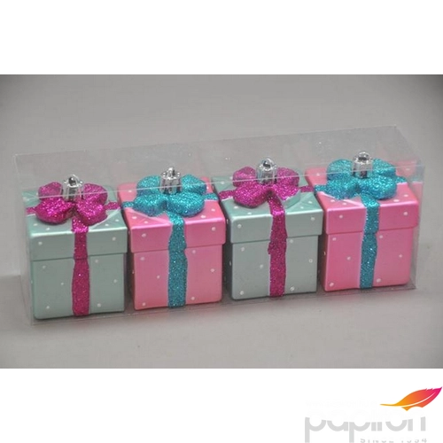 Karácsonyi dekor akasztós műanyag dobozka 5cm pink/rózsa/türkiz