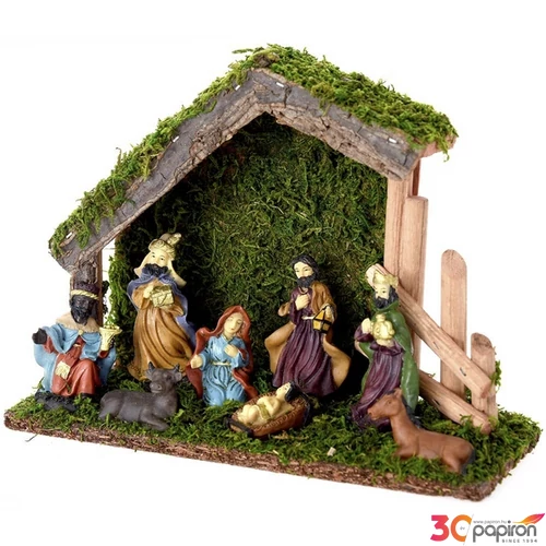 Betlehem Karácsonyi dekor  23 fából, figurákkal 25x9x18cm kézzel feste