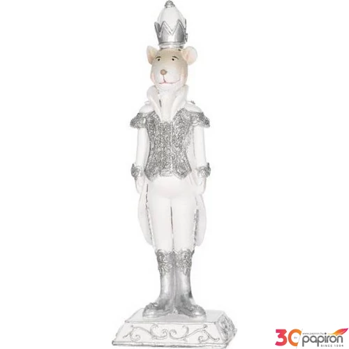 Karácsonyi dekor egér álló glitteres poly 6x5x17,5 cm fehér, ezüst