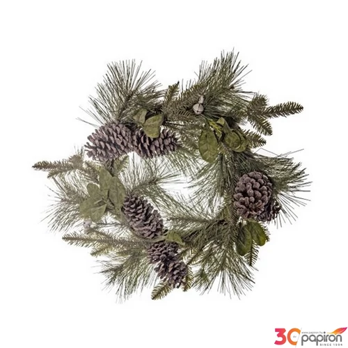 Koszorú karácsony dekor fenyővel, tobozzal csengettyűvel műanyag 65cm zöld