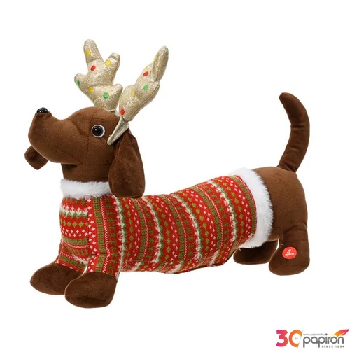Karácsonyi dekor kutya 24' polyester, ruhában,szarvas aganccsal 45cmx12cmx32cm sdkae