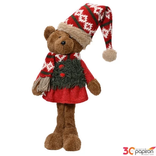 Karácsonyi dekor maci 24' álló mackó sállal sapkával plüss 17cmx10cmx35cm sdkae