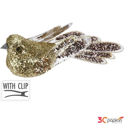 Karácsonyi dekor madár 21' csiptetős, 15x4x4cm arany glitteres fenyő ajtókopogtató dísz