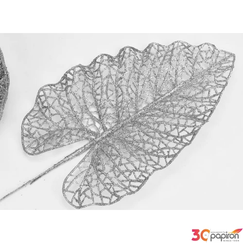 Karácsonyi dekor pick ág Ezüst színű csillámos philo levél 13x32cm Karácsonyi ág dekoráció