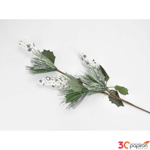 Karácsonyi dekor pick ág Havas fehérbogyós fenyőág levél dekorral 69cm Karácsonyi ág dekoráció
