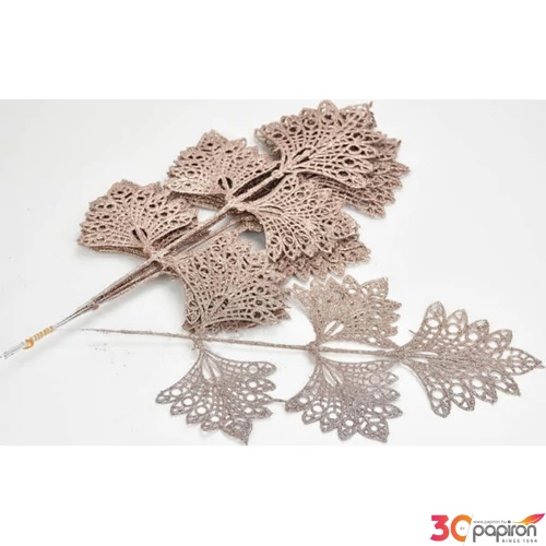 Karácsonyi dekor pick ág Pezsgő színű csillámos ötágú levél 21x42cm Karácsonyi ág dekoráció