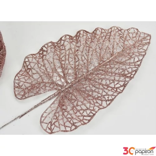 Karácsonyi dekor pick ág Pezsgő színű csillámos philo levél 13x32cm Karácsonyi ág dekoráció