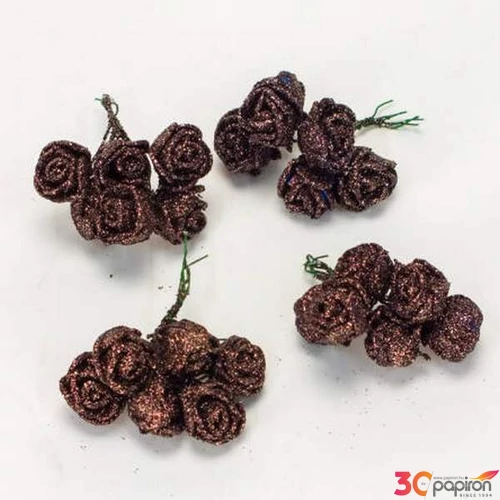 Karácsonyi dekor pick betűző Rózsacsokor csillámos barna 6 fejes 8cm Karácsonyi ág dekoráció