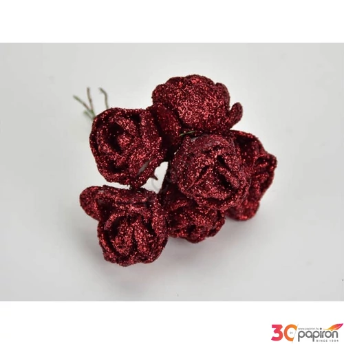 Karácsonyi dekor pick betűző Rózsacsokor csillámos bordó 5 fejes 8cm Karácsonyi ág dekoráció
