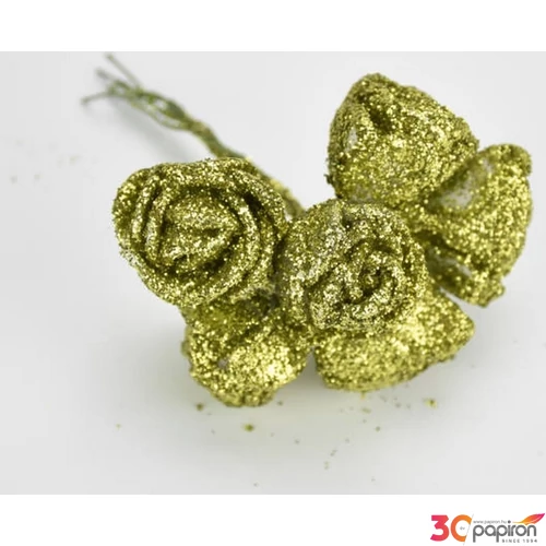 Karácsonyi dekor pick betűző Rózsacsokor csillámos zöld 5 fejes 8cm Karácsonyi ág dekoráció