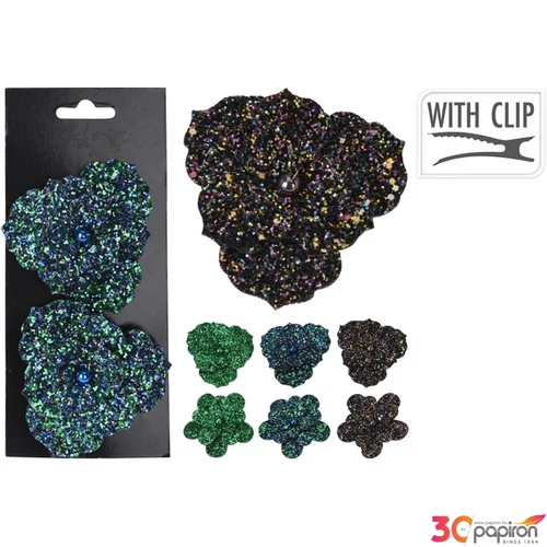 Karácsonyi Selyemvirág - művir csiptetős, glitteres 8cm 2db/biszt zöld kék barna