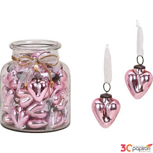 Karácsonyi 6cm dísz 20 szív antikolt üveg 5x4cm rózsaszín exkluzív különleges termék