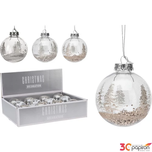 Karácsonyi gömb 8cm '23 glitteres, 3 féle glitteres exkluzív kpm törhetetlen kézzel festett