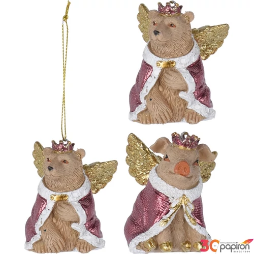 Karácsonyi kerámia figura 6cm medve/malac aranyszínű angyal szárnnyal 2féle,fenyődísz rózsaszín fenyődísz