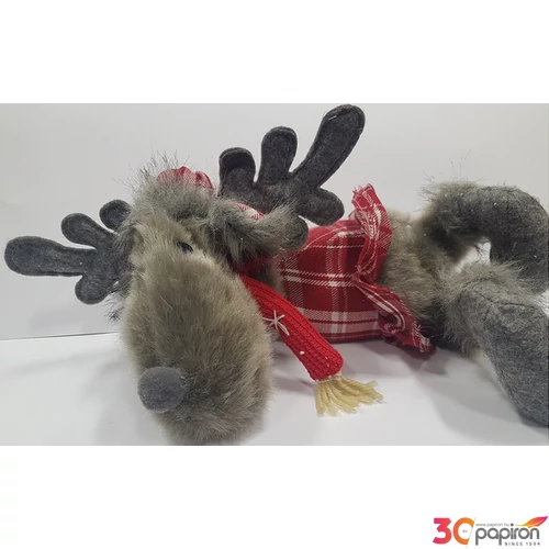 Karácsonyi plüss rénszarvas 38cm piros kockás ruhában, fekvő