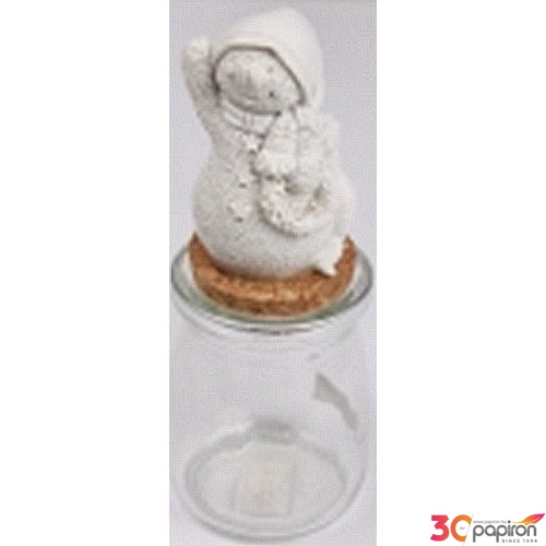 Karácsonyi üveg dugós hóember figurával fehér 14cm 