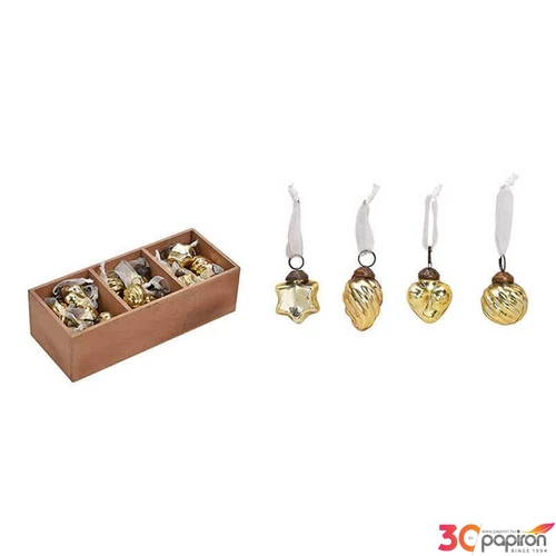 Karácsonyi 5cm dísz antik 20' szív-csillag pezsgő gold 3,5cm kézzel festett nehéz üvegből
