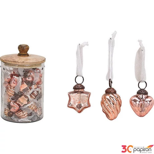 Karácsonyi 5cm dísz antik 20' szív-csillag rózsaszín pink 3,5cm kézzel festett nehéz üvegből fenyődísz