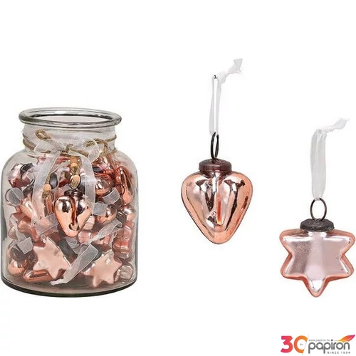 Karácsonyi 5cm dísz antik 20' szív-csillag rózsaszín pink 5x5x2 kézzel festett nehéz üvegből fenyődísz