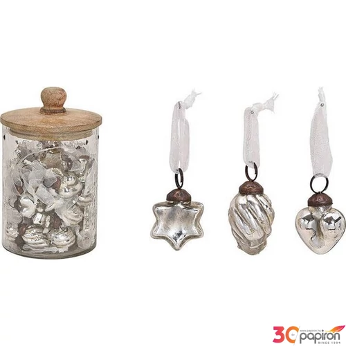 Karácsonyi 5cm dísz antik 20' szív-csillag silver 3,5cm kézzel festett nehéz üvegből fenyődísz