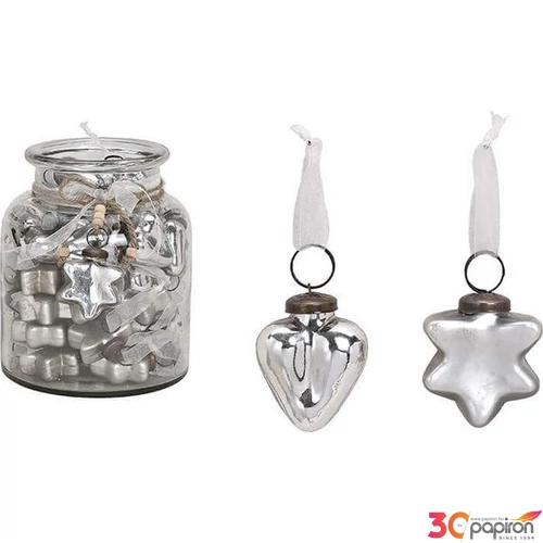 Karácsonyi 5cm dísz antik 20' szív-csillag silver 5x5x1 fenyődísz kézzel festett nehéz üvegből