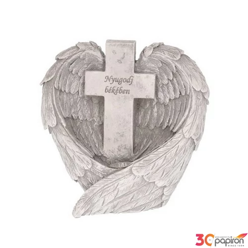 Kegyeleti emléktárgy angyal szárny szívvel, kereszttel LED-es, poly, 14x10x12 cm, szürke