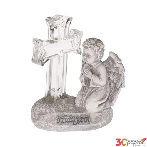 Kegyeleti emléktárgy kereszt LED-es, poly 9x9x21 cm, szürke