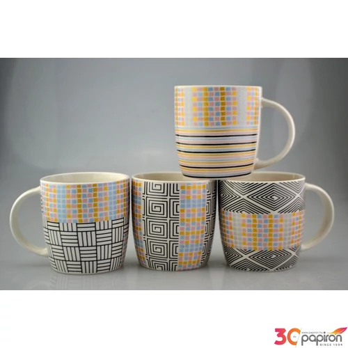 Bögre kerámai 350ml 4féle, csempe mintás, 8,6x8,9cm