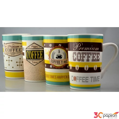 Bögre kerámai 395ml 4féle, Coffe Time mintás, 7,8x12,3cm-es